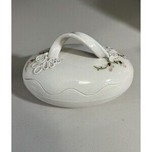 Floral Egg-Shaped Scalloped Lid Studio Art Pottery Trinket Holder Dish Signed